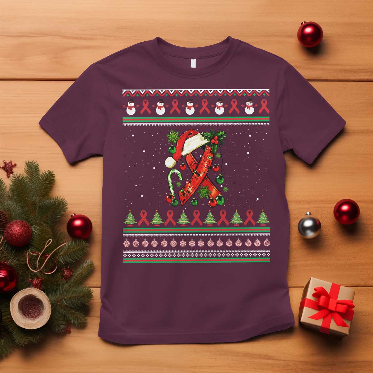 Santa Red Ribbon HIV Awareness T Shirt Ugly Sweater Christmas Gift - Wonder Print Shop