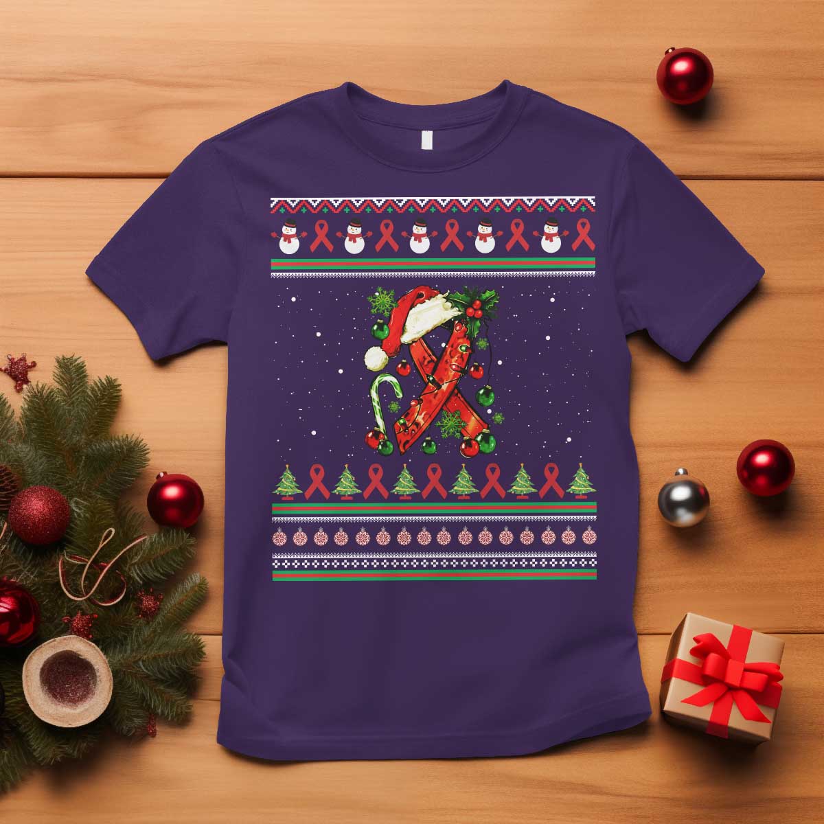 Santa Red Ribbon HIV Awareness T Shirt Ugly Sweater Christmas Gift - Wonder Print Shop