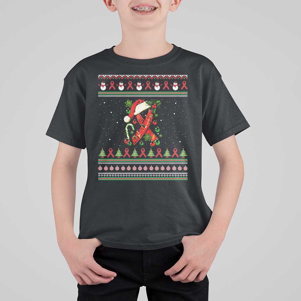 Santa Red Ribbon HIV Awareness T Shirt For Kid Ugly Sweater Christmas Gift - Wonder Print Shop