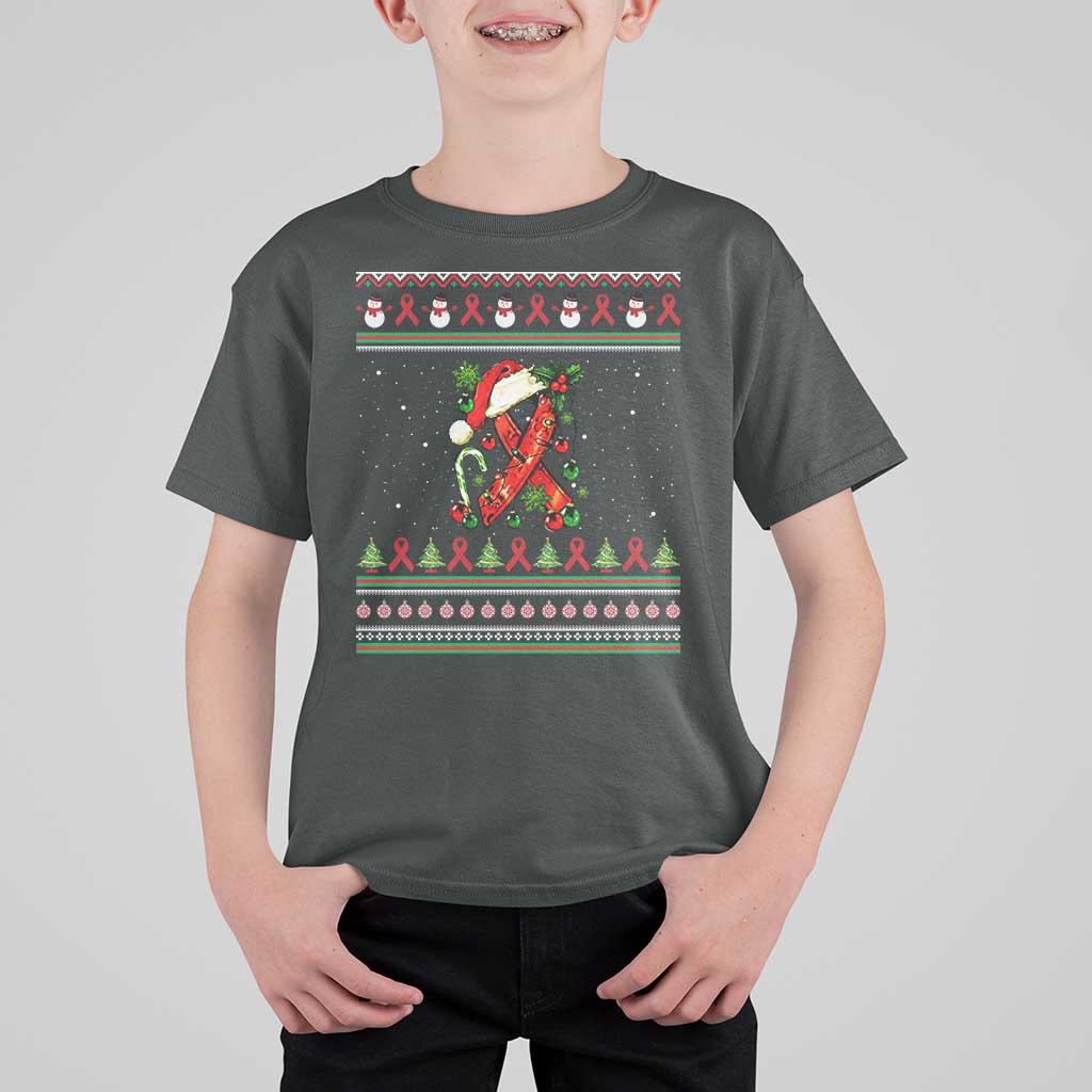 Santa Red Ribbon HIV Awareness T Shirt For Kid Ugly Sweater Christmas Gift - Wonder Print Shop
