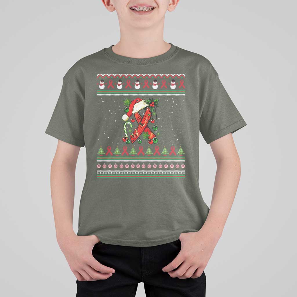 Santa Red Ribbon HIV Awareness T Shirt For Kid Ugly Sweater Christmas Gift - Wonder Print Shop