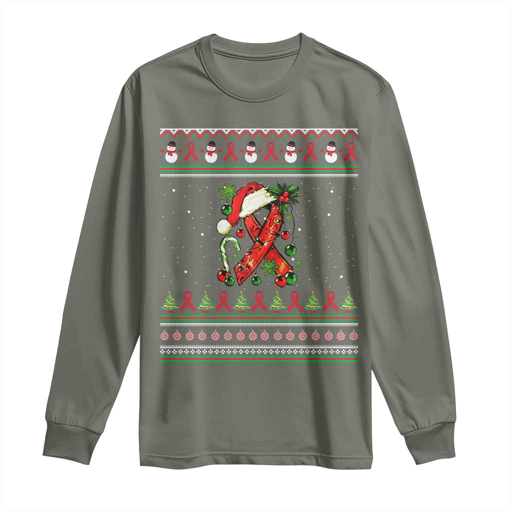 Santa Red Ribbon HIV Awareness Long Sleeve Shirt Ugly Sweater Christmas Gift - Wonder Print Shop