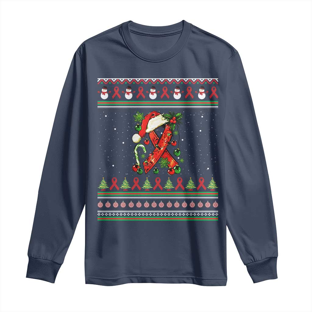 Santa Red Ribbon HIV Awareness Long Sleeve Shirt Ugly Sweater Christmas Gift - Wonder Print Shop