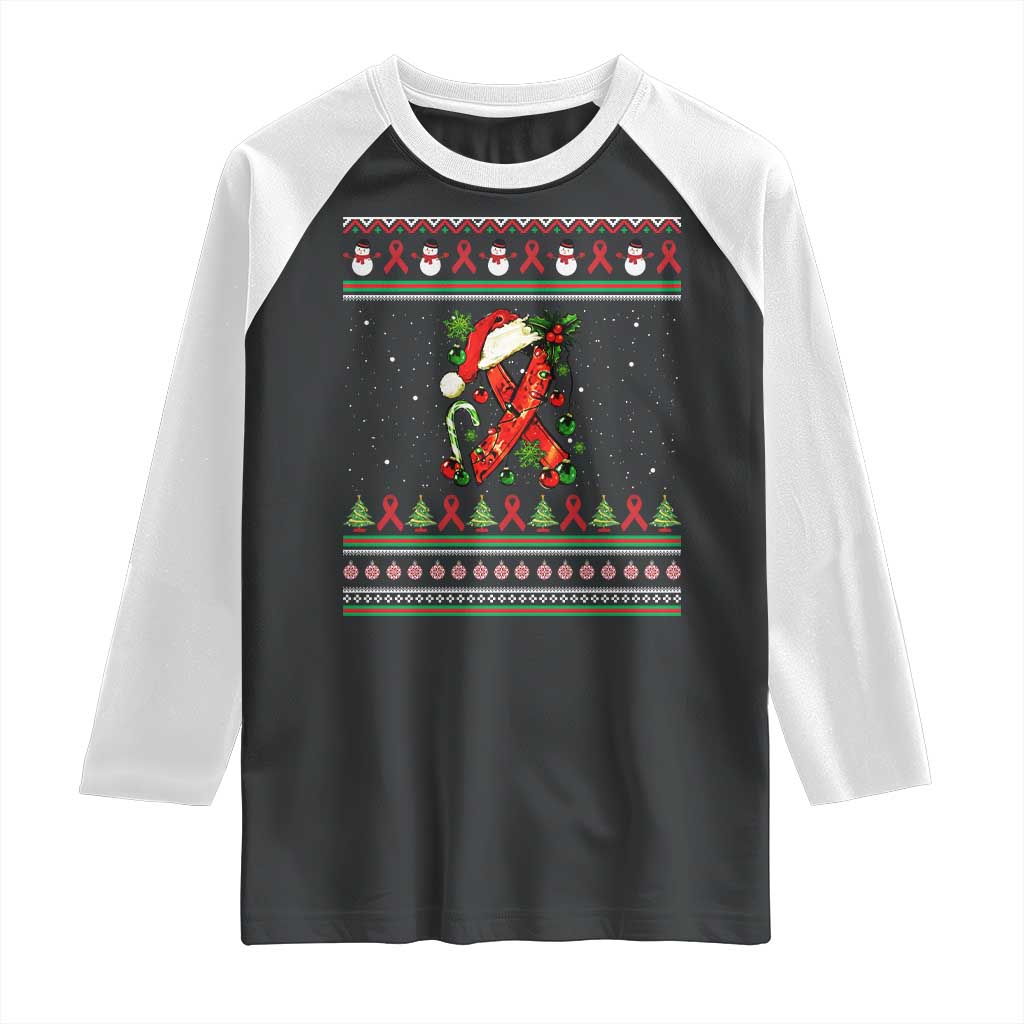 Santa Red Ribbon HIV Awareness Raglan Shirt Ugly Sweater Christmas Gift - Wonder Print Shop