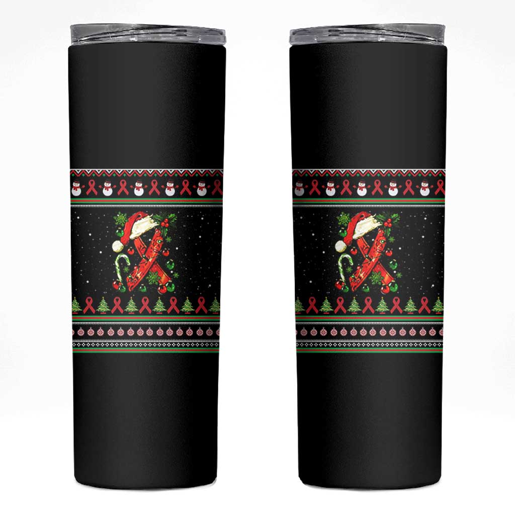 Santa Red Ribbon HIV Awareness Skinny Tumbler Ugly Sweater Christmas Gift - Wonder Print Shop