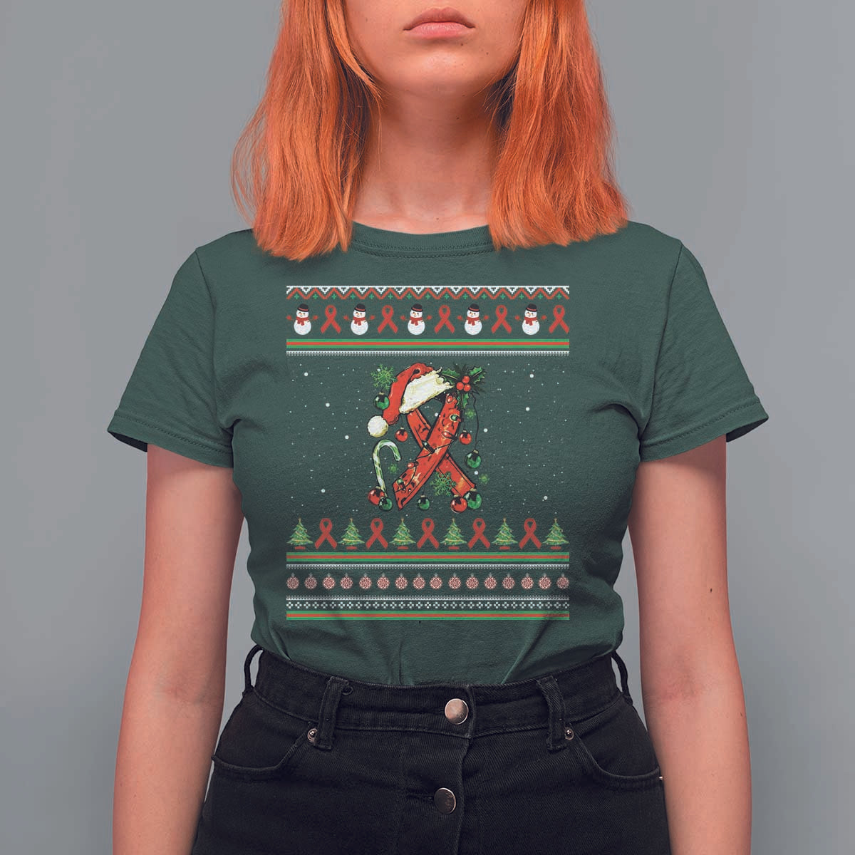 Santa Red Ribbon HIV Awareness T Shirt For Women Ugly Sweater Christmas Gift - Wonder Print Shop