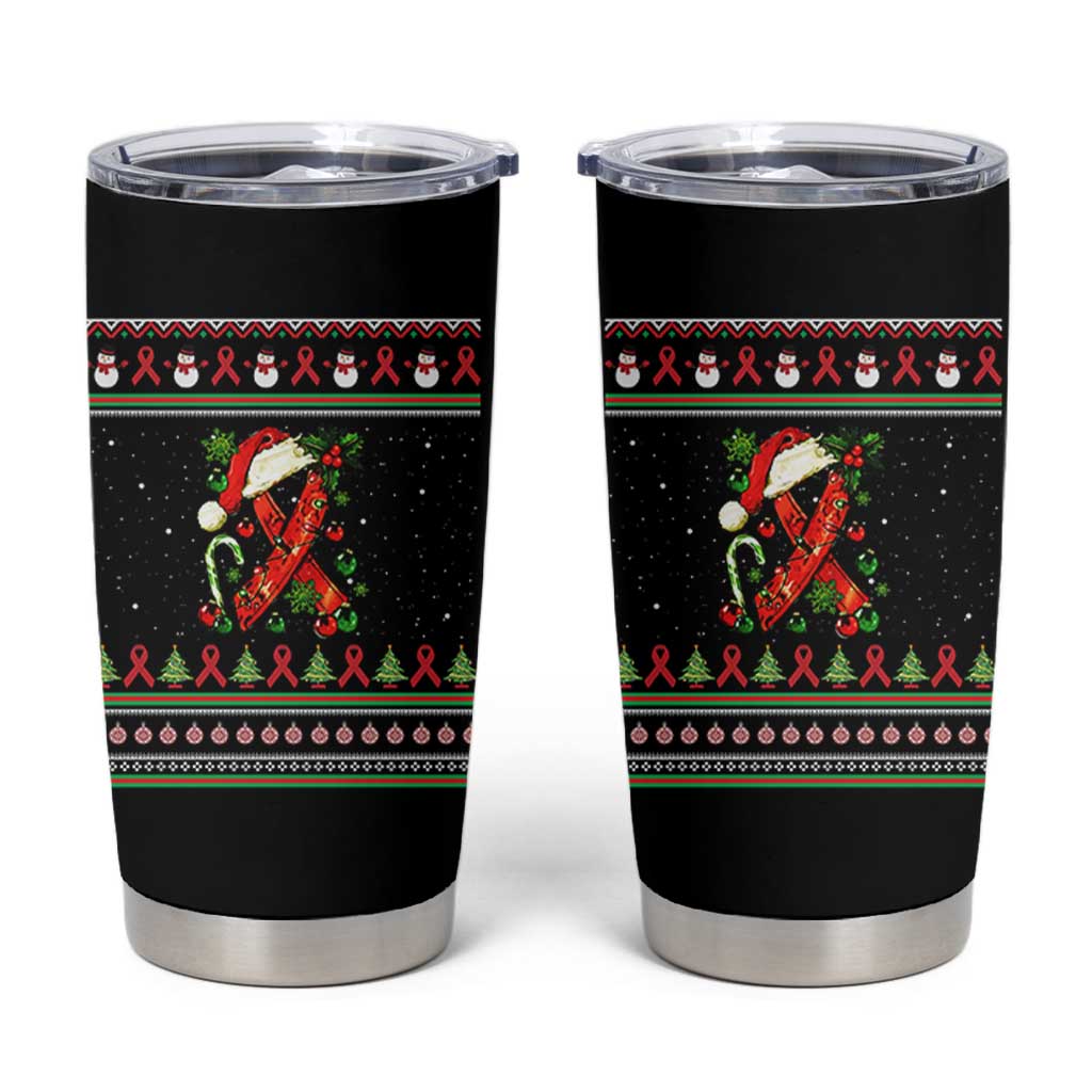 Santa Red Ribbon HIV Awareness Tumbler Cup Ugly Sweater Christmas Gift - Wonder Print Shop