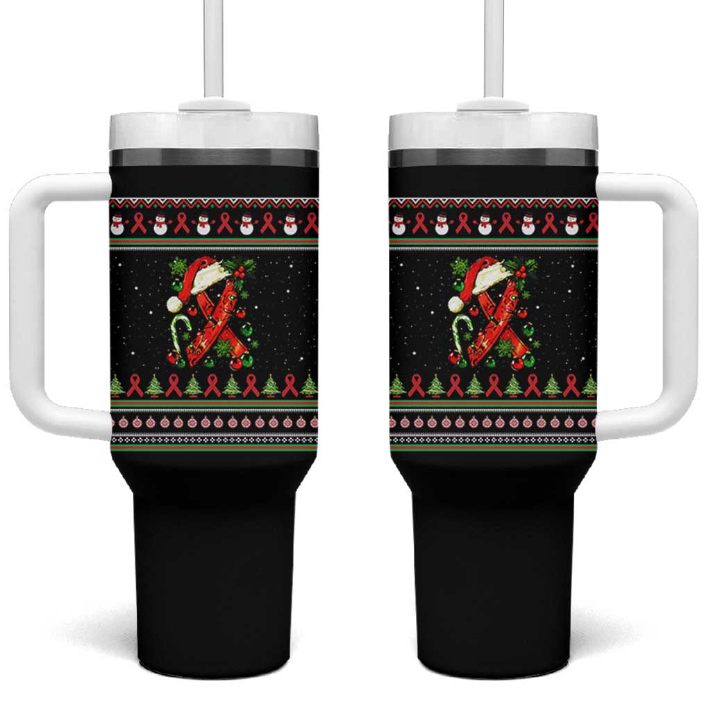 Santa Red Ribbon HIV Awareness Tumbler With Handle Ugly Sweater Christmas Gift - Wonder Print Shop