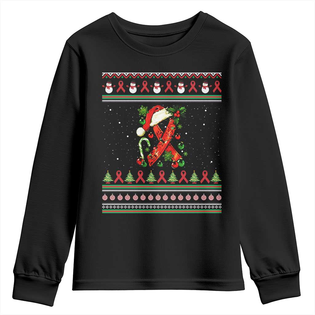 Santa Red Ribbon HIV Awareness Youth Sweatshirt Ugly Sweater Christmas Gift - Wonder Print Shop