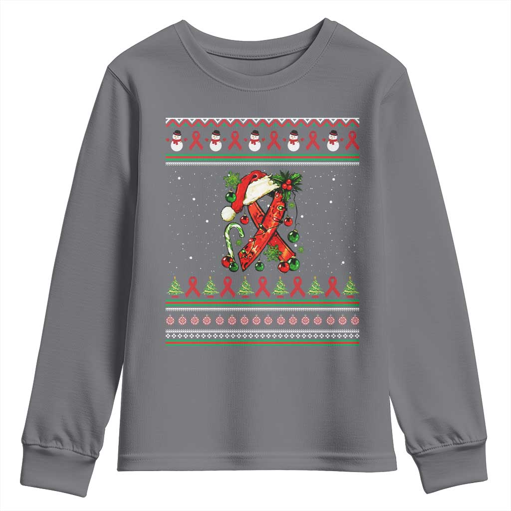 Santa Red Ribbon HIV Awareness Youth Sweatshirt Ugly Sweater Christmas Gift - Wonder Print Shop