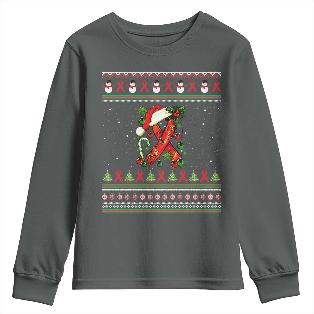 Santa Red Ribbon HIV Awareness Youth Sweatshirt Ugly Sweater Christmas Gift - Wonder Print Shop