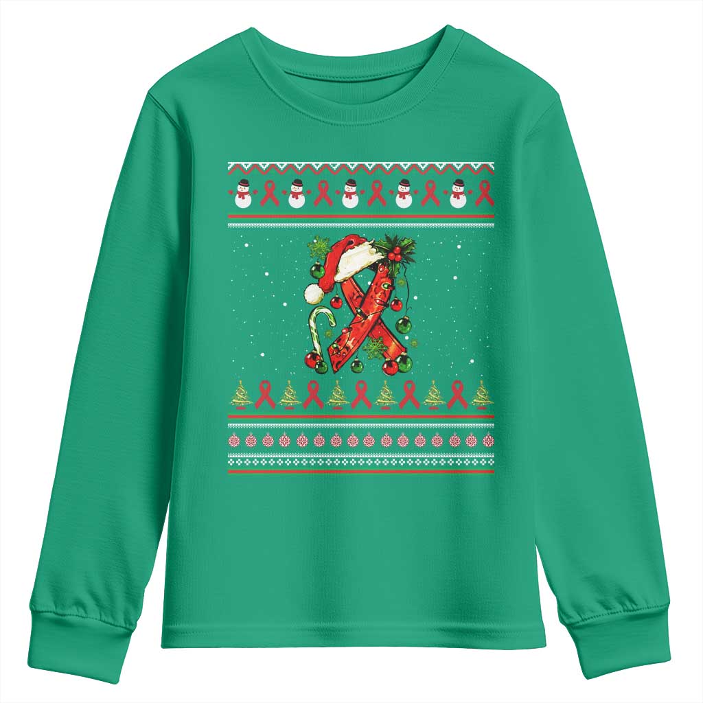 Santa Red Ribbon HIV Awareness Youth Sweatshirt Ugly Sweater Christmas Gift - Wonder Print Shop