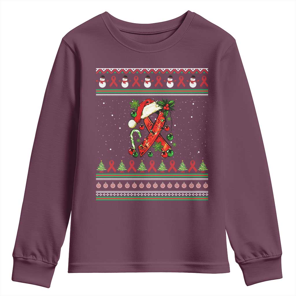 Santa Red Ribbon HIV Awareness Youth Sweatshirt Ugly Sweater Christmas Gift - Wonder Print Shop