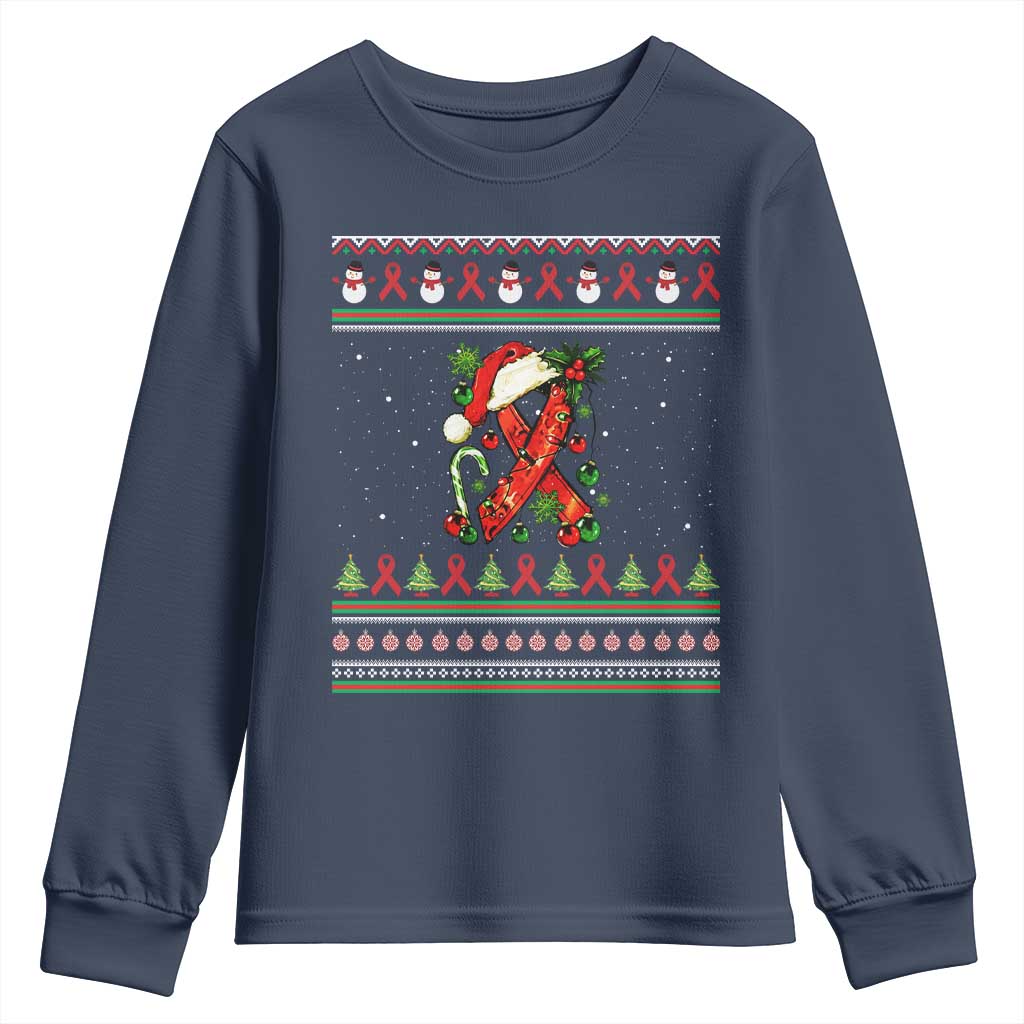 Santa Red Ribbon HIV Awareness Youth Sweatshirt Ugly Sweater Christmas Gift - Wonder Print Shop