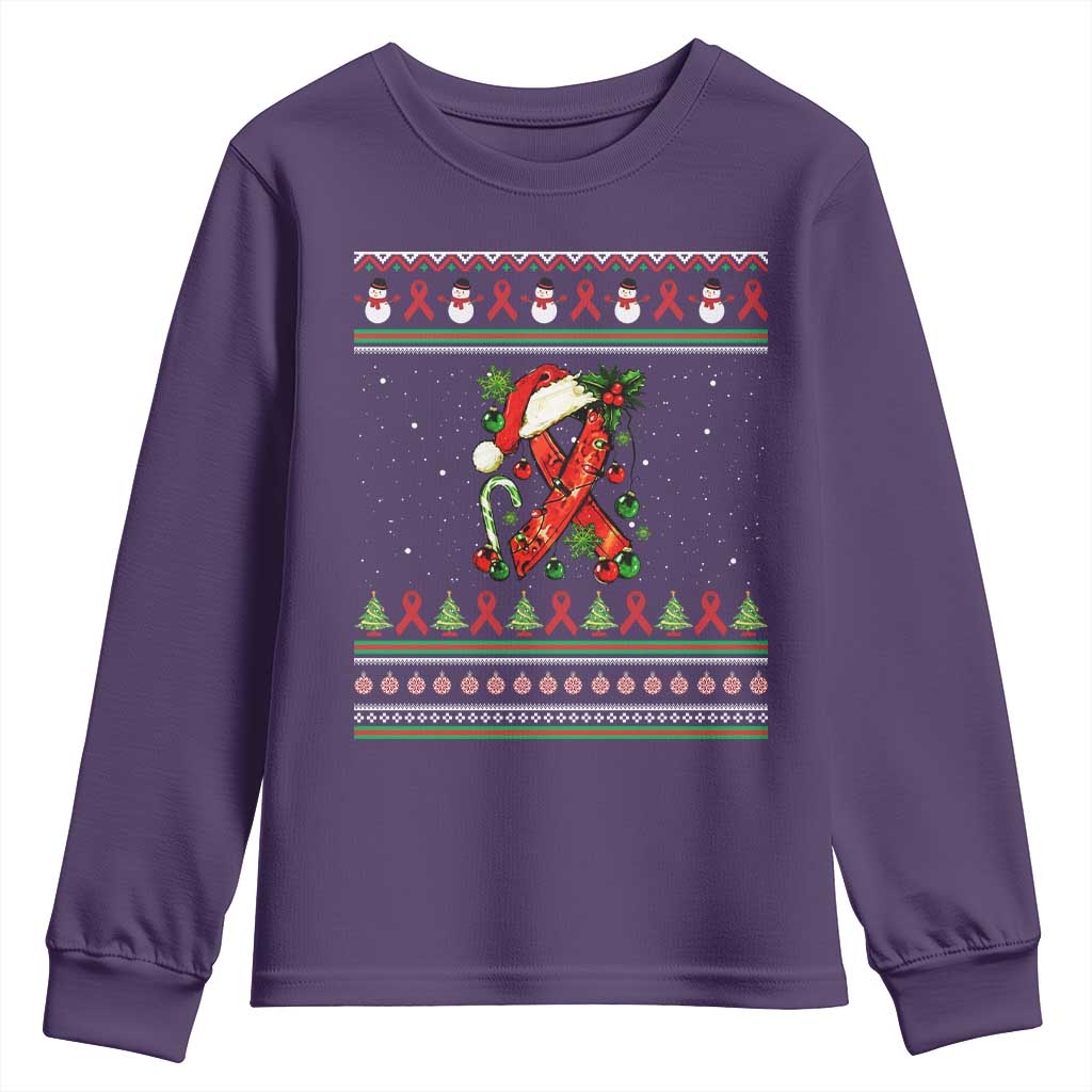 Santa Red Ribbon HIV Awareness Youth Sweatshirt Ugly Sweater Christmas Gift - Wonder Print Shop