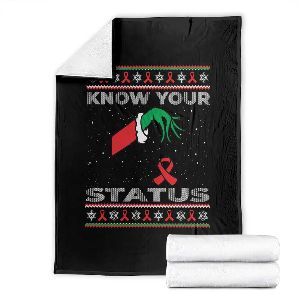 Funny Know Your Status Green Hand Throw Blanket Red Ribbon HIV Ugly Sweater Gift - Wonder Print Shop
