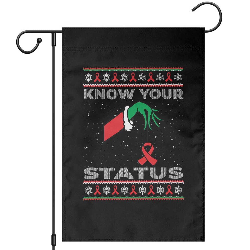 Funny Know Your Status Green Hand Garden Flag Red Ribbon HIV Ugly Sweater Gift - Wonder Print Shop