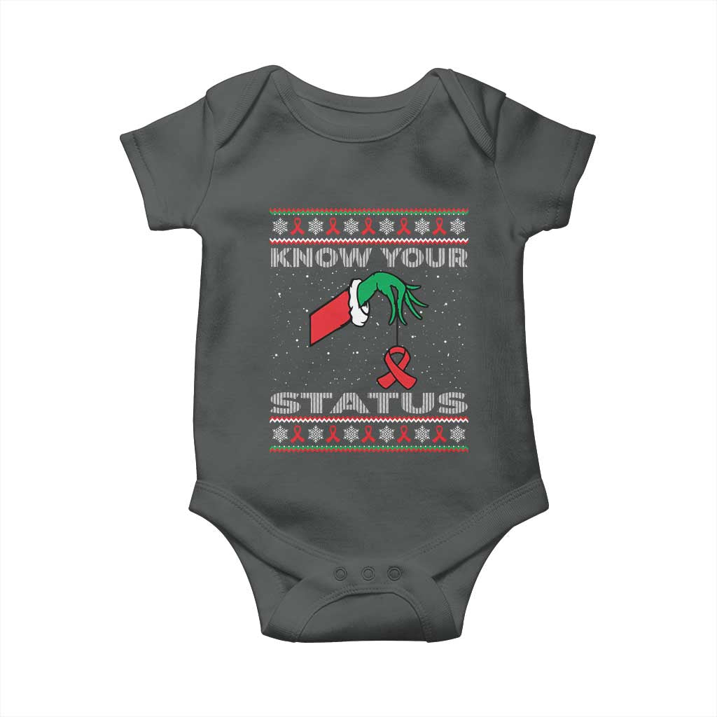 Funny Know Your Status Green Hand Baby Onesie Red Ribbon HIV Ugly Sweater Gift - Wonder Print Shop