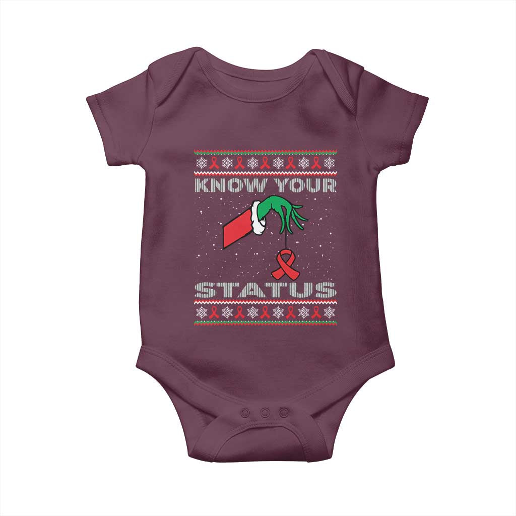 Funny Know Your Status Green Hand Baby Onesie Red Ribbon HIV Ugly Sweater Gift - Wonder Print Shop