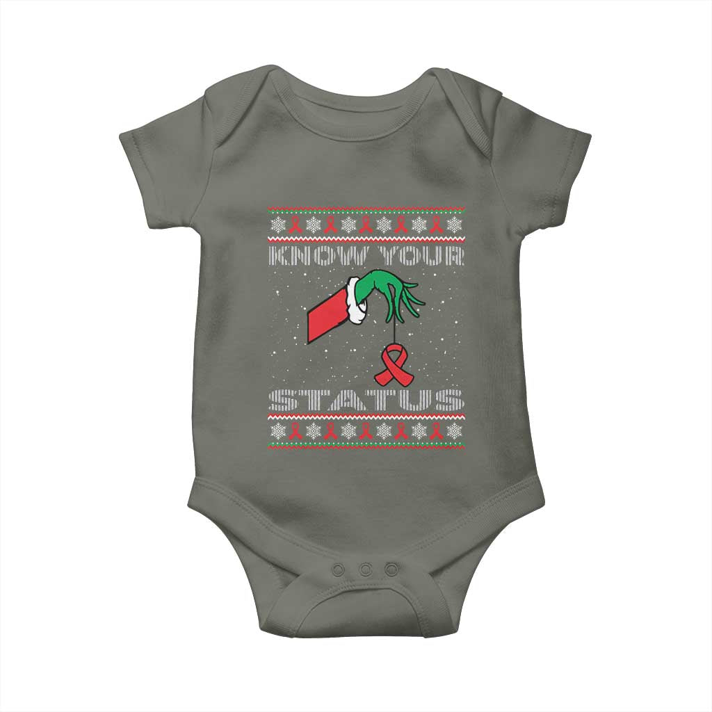Funny Know Your Status Green Hand Baby Onesie Red Ribbon HIV Ugly Sweater Gift - Wonder Print Shop