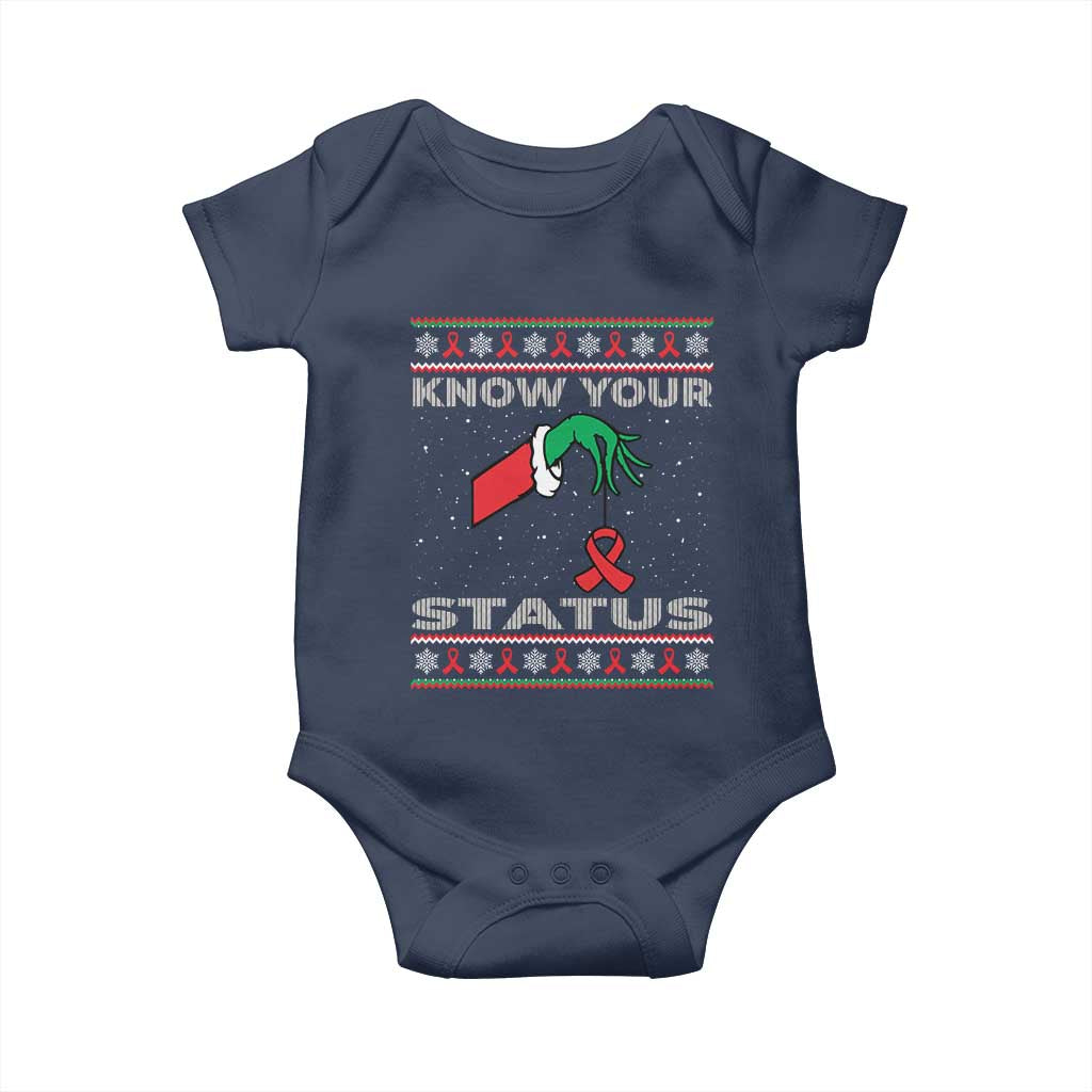 Funny Know Your Status Green Hand Baby Onesie Red Ribbon HIV Ugly Sweater Gift - Wonder Print Shop