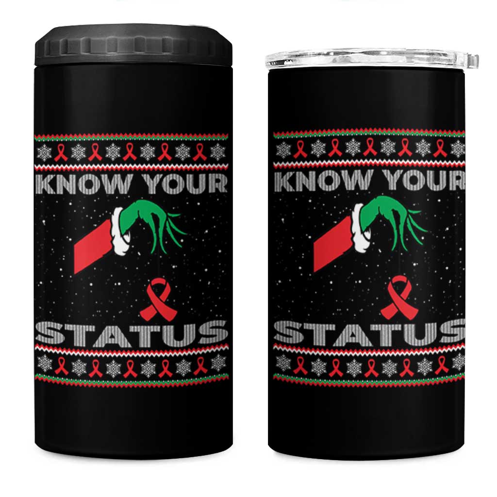 Funny Know Your Status Green Hand 4 in 1 Can Cooler Tumbler Red Ribbon HIV Ugly Sweater Gift - Wonder Print Shop