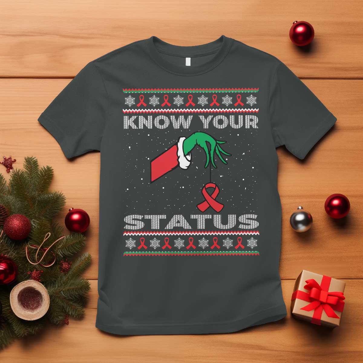 Funny Know Your Status Green Hand T Shirt Red Ribbon HIV Ugly Sweater Gift - Wonder Print Shop