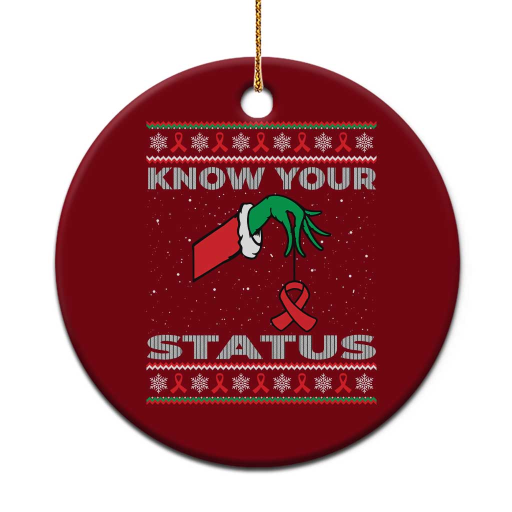 Funny Know Your Status Green Hand Ceramic Ornament Red Ribbon HIV Ugly Sweater Gift - Wonder Print Shop
