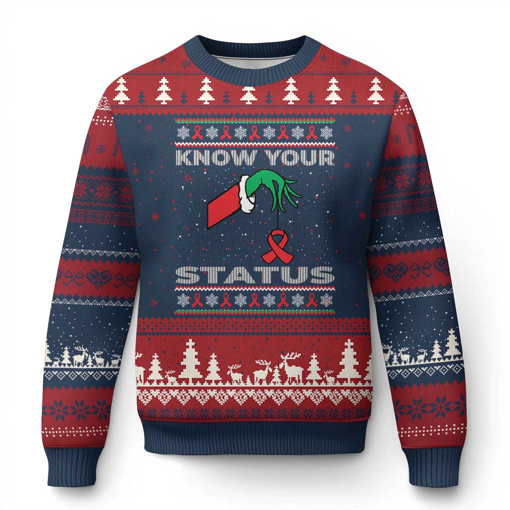 Funny Know Your Status Green Hand Ugly Christmas Sweater Red Ribbon HIV Ugly Sweater Gift - Wonder Print Shop