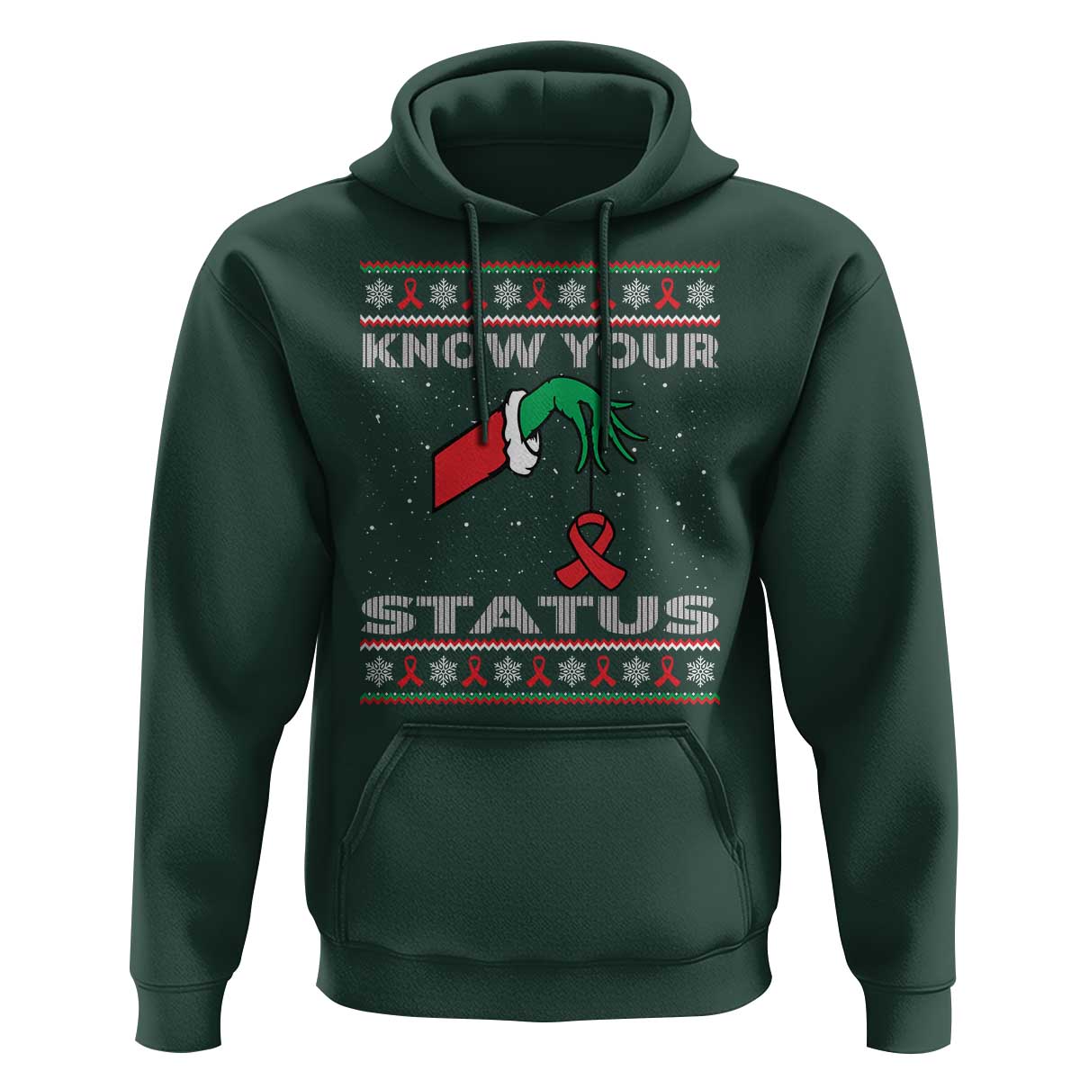 Funny Know Your Status Green Hand Hoodie Red Ribbon HIV Ugly Sweater Gift - Wonder Print Shop