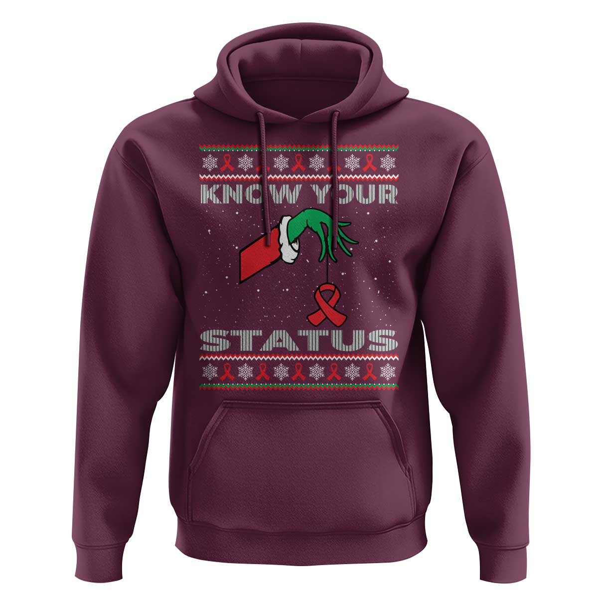 Funny Know Your Status Green Hand Hoodie Red Ribbon HIV Ugly Sweater Gift - Wonder Print Shop