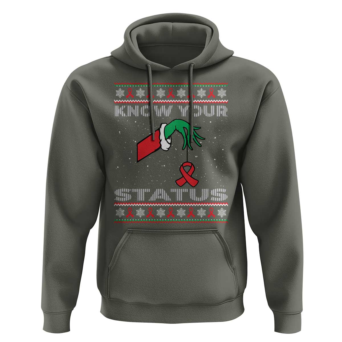 Funny Know Your Status Green Hand Hoodie Red Ribbon HIV Ugly Sweater Gift - Wonder Print Shop