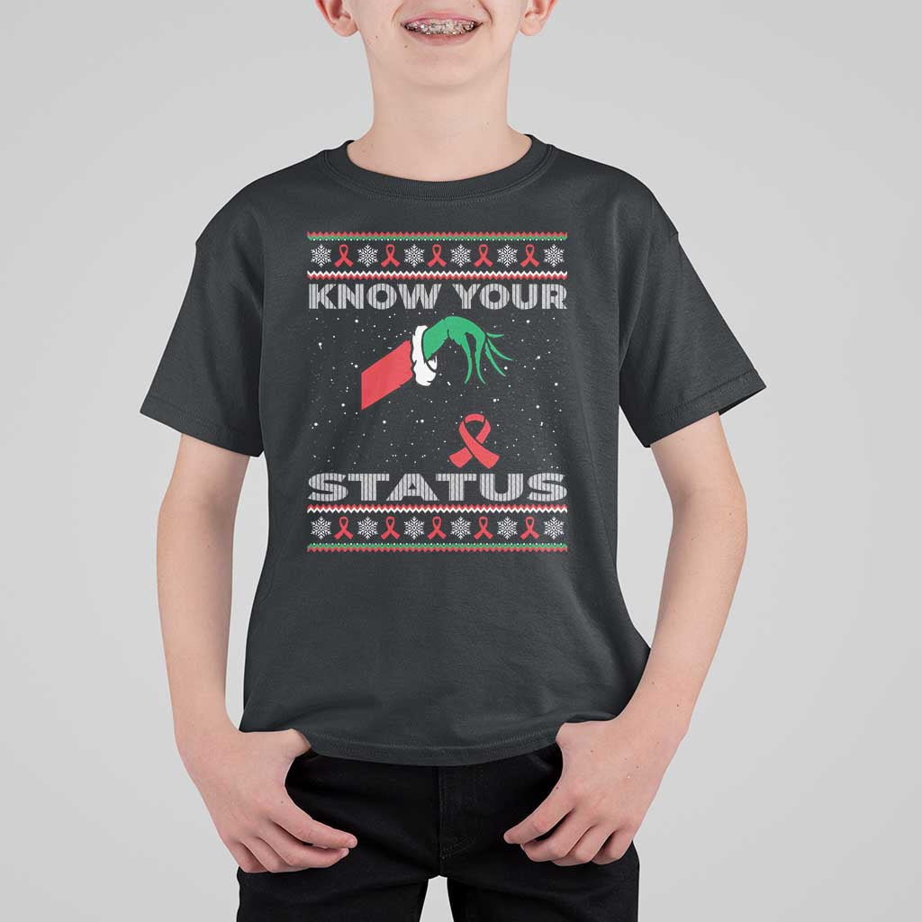 Funny Know Your Status Green Hand T Shirt For Kid Red Ribbon HIV Ugly Sweater Gift - Wonder Print Shop
