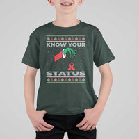 Funny Know Your Status Green Hand T Shirt For Kid Red Ribbon HIV Ugly Sweater Gift - Wonder Print Shop