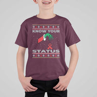 Funny Know Your Status Green Hand T Shirt For Kid Red Ribbon HIV Ugly Sweater Gift - Wonder Print Shop