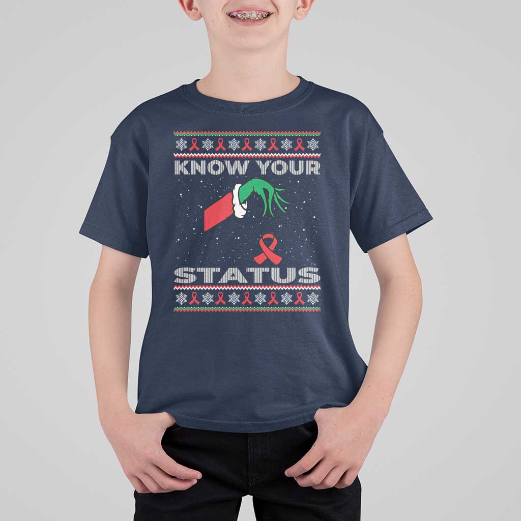 Funny Know Your Status Green Hand T Shirt For Kid Red Ribbon HIV Ugly Sweater Gift - Wonder Print Shop