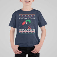 Funny Know Your Status Green Hand T Shirt For Kid Red Ribbon HIV Ugly Sweater Gift - Wonder Print Shop