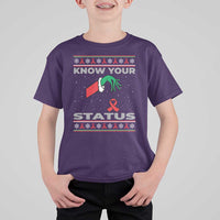 Funny Know Your Status Green Hand T Shirt For Kid Red Ribbon HIV Ugly Sweater Gift - Wonder Print Shop
