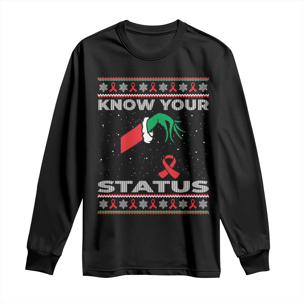 Funny Know Your Status Green Hand Long Sleeve Shirt Red Ribbon HIV Ugly Sweater Gift - Wonder Print Shop