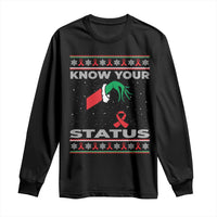 Funny Know Your Status Green Hand Long Sleeve Shirt Red Ribbon HIV Ugly Sweater Gift - Wonder Print Shop