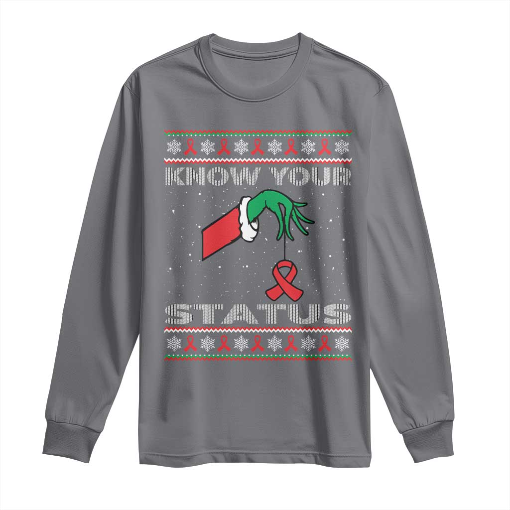 Funny Know Your Status Green Hand Long Sleeve Shirt Red Ribbon HIV Ugly Sweater Gift - Wonder Print Shop