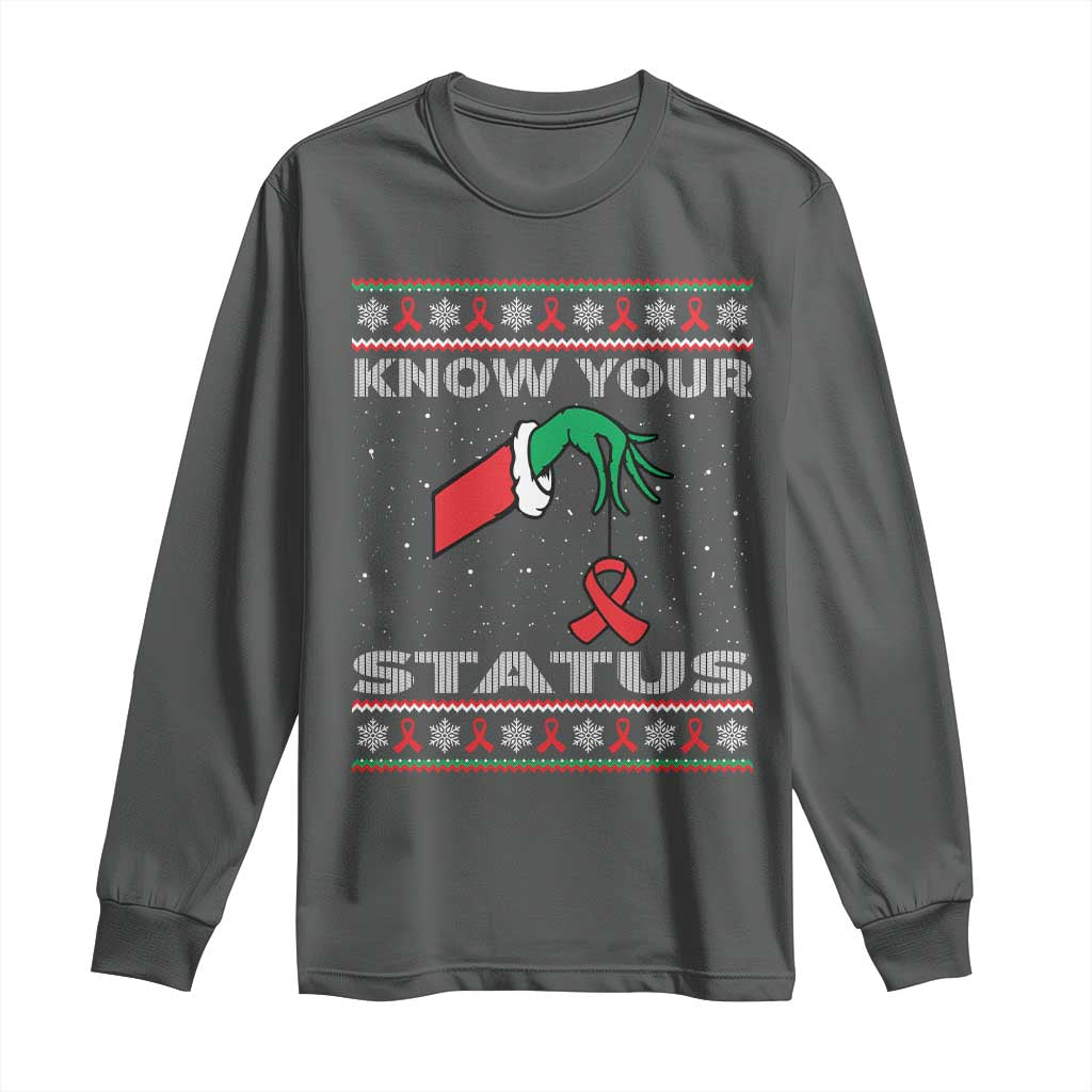 Funny Know Your Status Green Hand Long Sleeve Shirt Red Ribbon HIV Ugly Sweater Gift - Wonder Print Shop