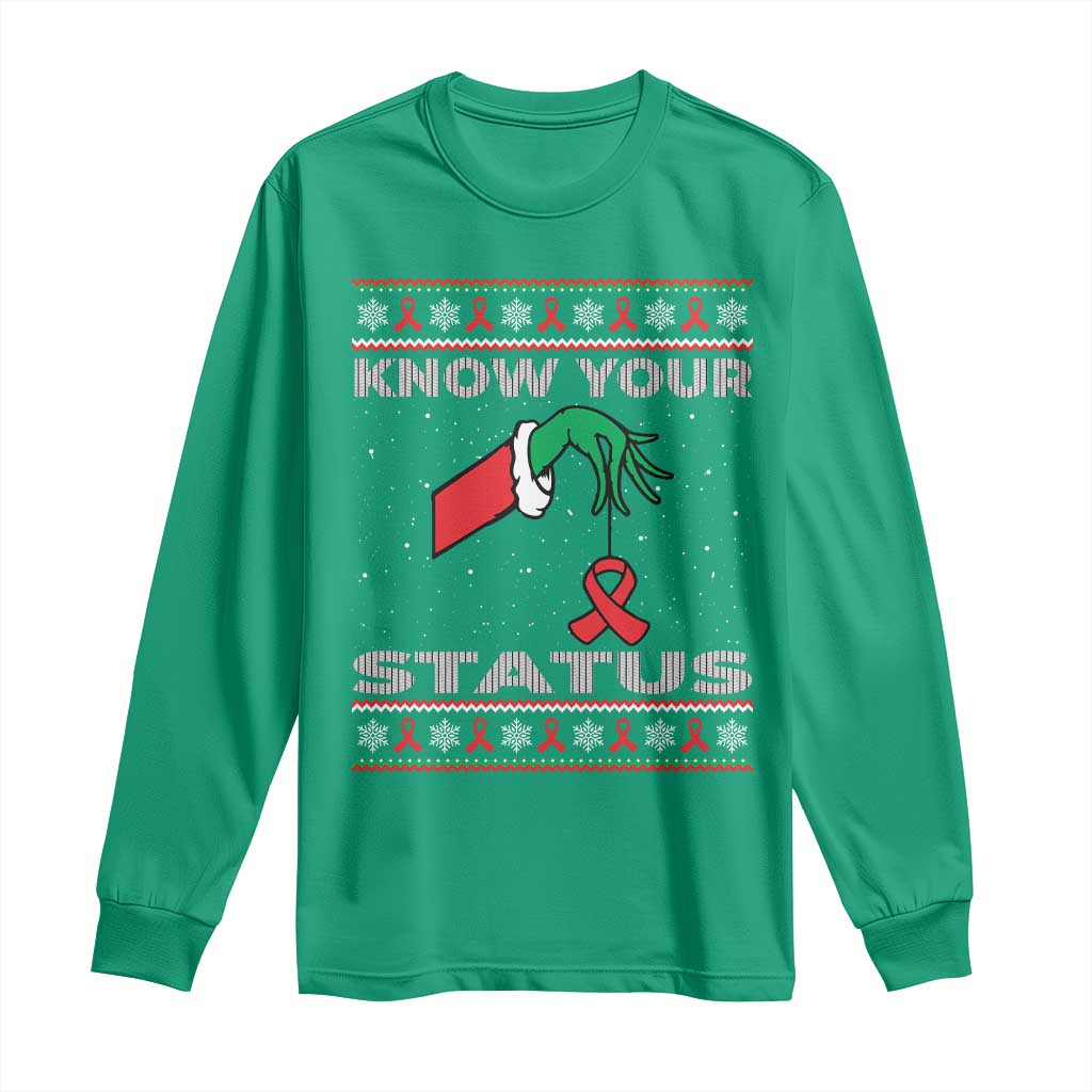 Funny Know Your Status Green Hand Long Sleeve Shirt Red Ribbon HIV Ugly Sweater Gift - Wonder Print Shop