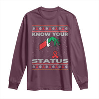 Funny Know Your Status Green Hand Long Sleeve Shirt Red Ribbon HIV Ugly Sweater Gift - Wonder Print Shop