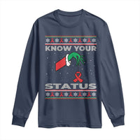 Funny Know Your Status Green Hand Long Sleeve Shirt Red Ribbon HIV Ugly Sweater Gift - Wonder Print Shop