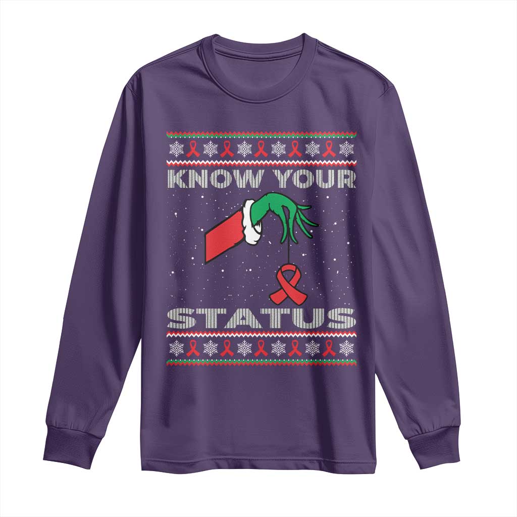Funny Know Your Status Green Hand Long Sleeve Shirt Red Ribbon HIV Ugly Sweater Gift - Wonder Print Shop