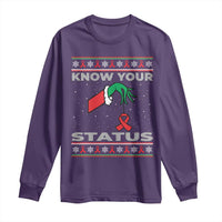 Funny Know Your Status Green Hand Long Sleeve Shirt Red Ribbon HIV Ugly Sweater Gift - Wonder Print Shop