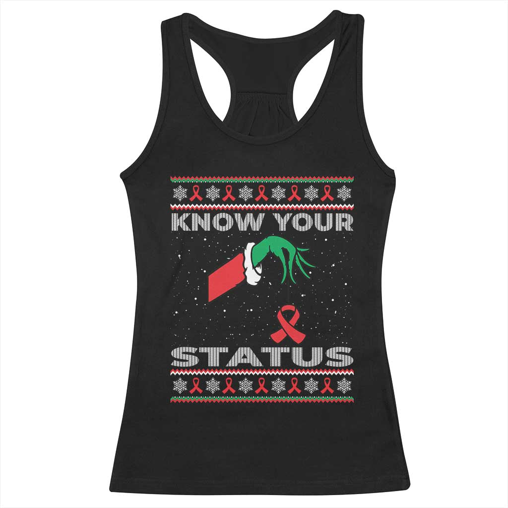Funny Know Your Status Green Hand Racerback Tank Top Red Ribbon HIV Ugly Sweater Gift - Wonder Print Shop