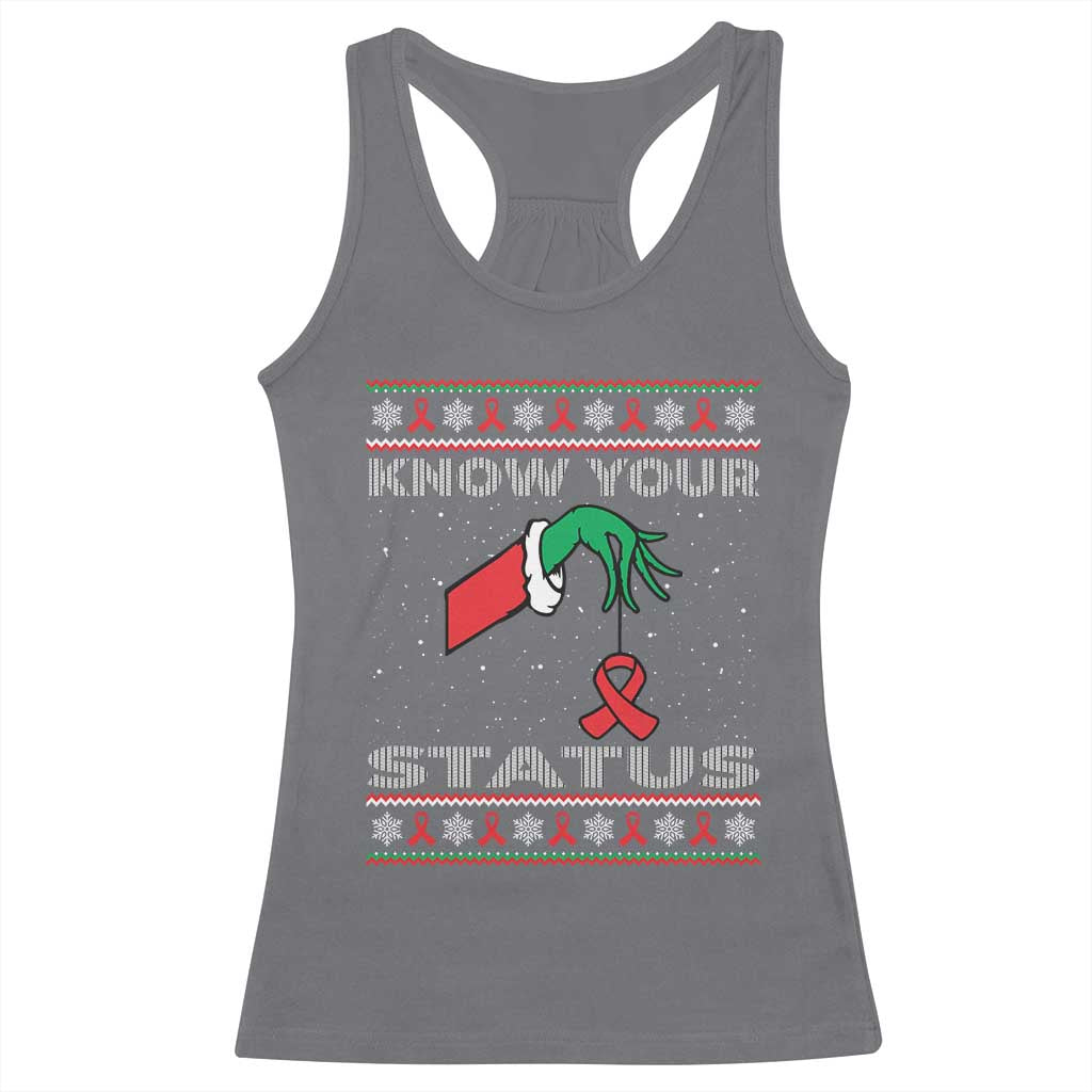 Funny Know Your Status Green Hand Racerback Tank Top Red Ribbon HIV Ugly Sweater Gift - Wonder Print Shop