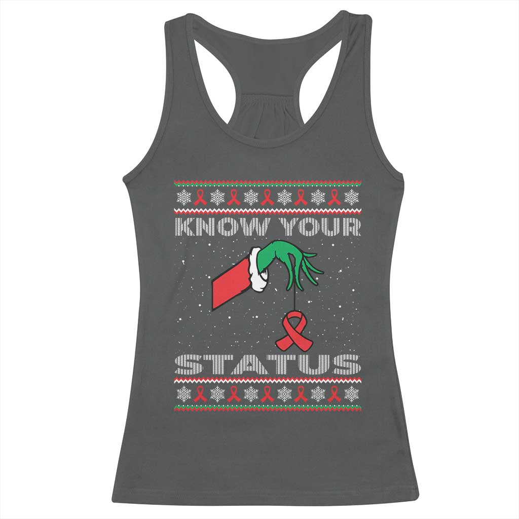 Funny Know Your Status Green Hand Racerback Tank Top Red Ribbon HIV Ugly Sweater Gift - Wonder Print Shop
